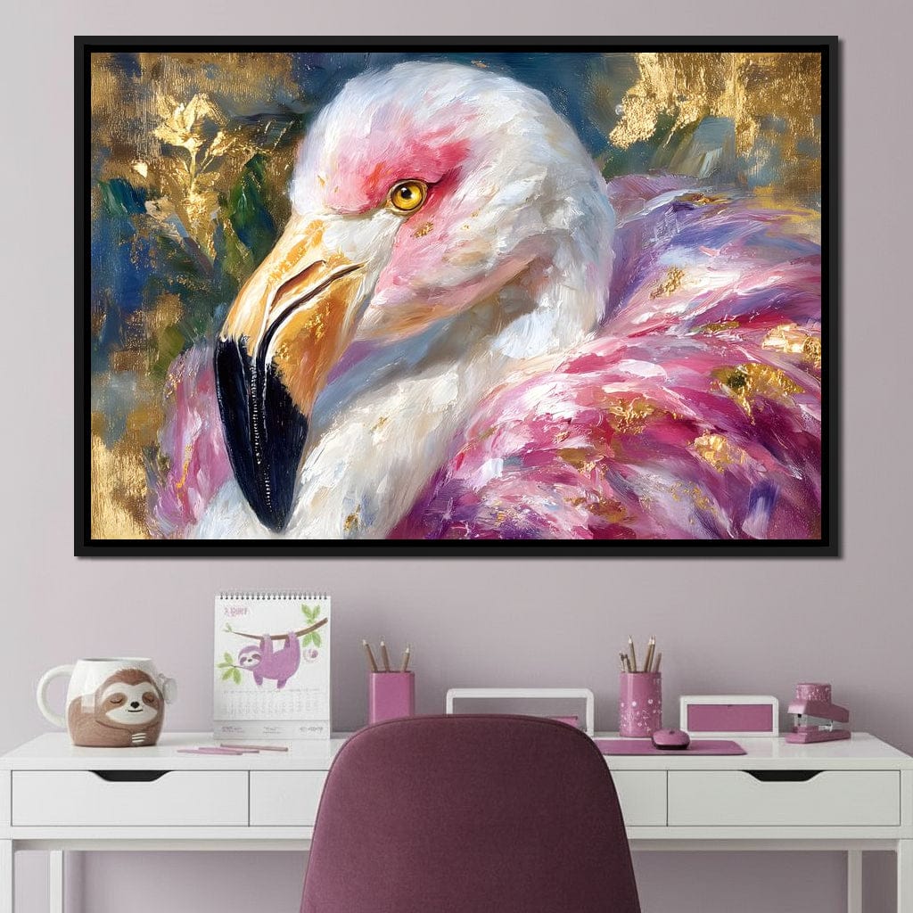Golden Pink Flamingo Portrait Canvas Wall Art