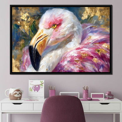 Golden Pink Flamingo Portrait Canvas Wall Art