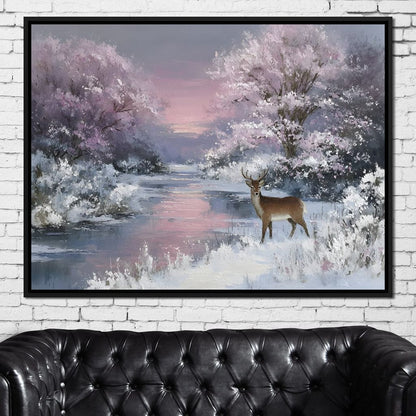 Winter River Deer Sunset Glow Canvas Wall Art