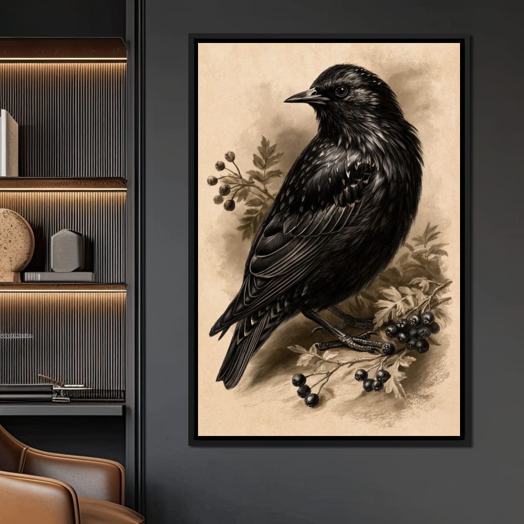 Solitary Starling Perched Upon Hawthorn Branch Canvas Wall Art