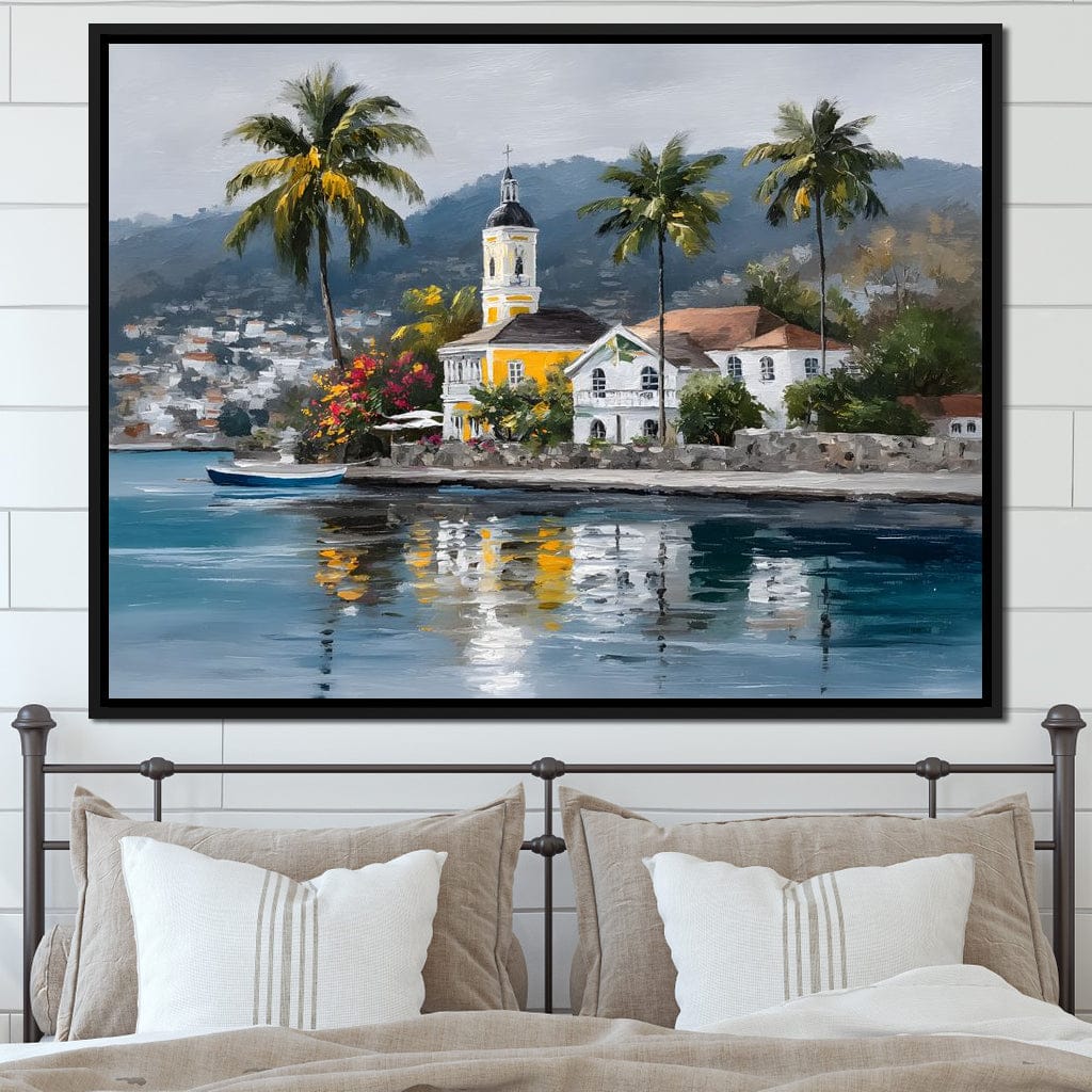Tropical Harbor Church View Canvas Wall Art