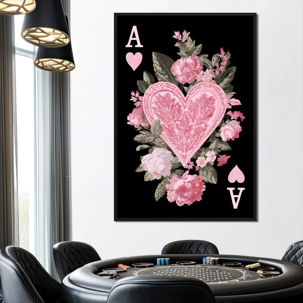 Floral Ace of Hearts Pink Rose Canvas Wall Art