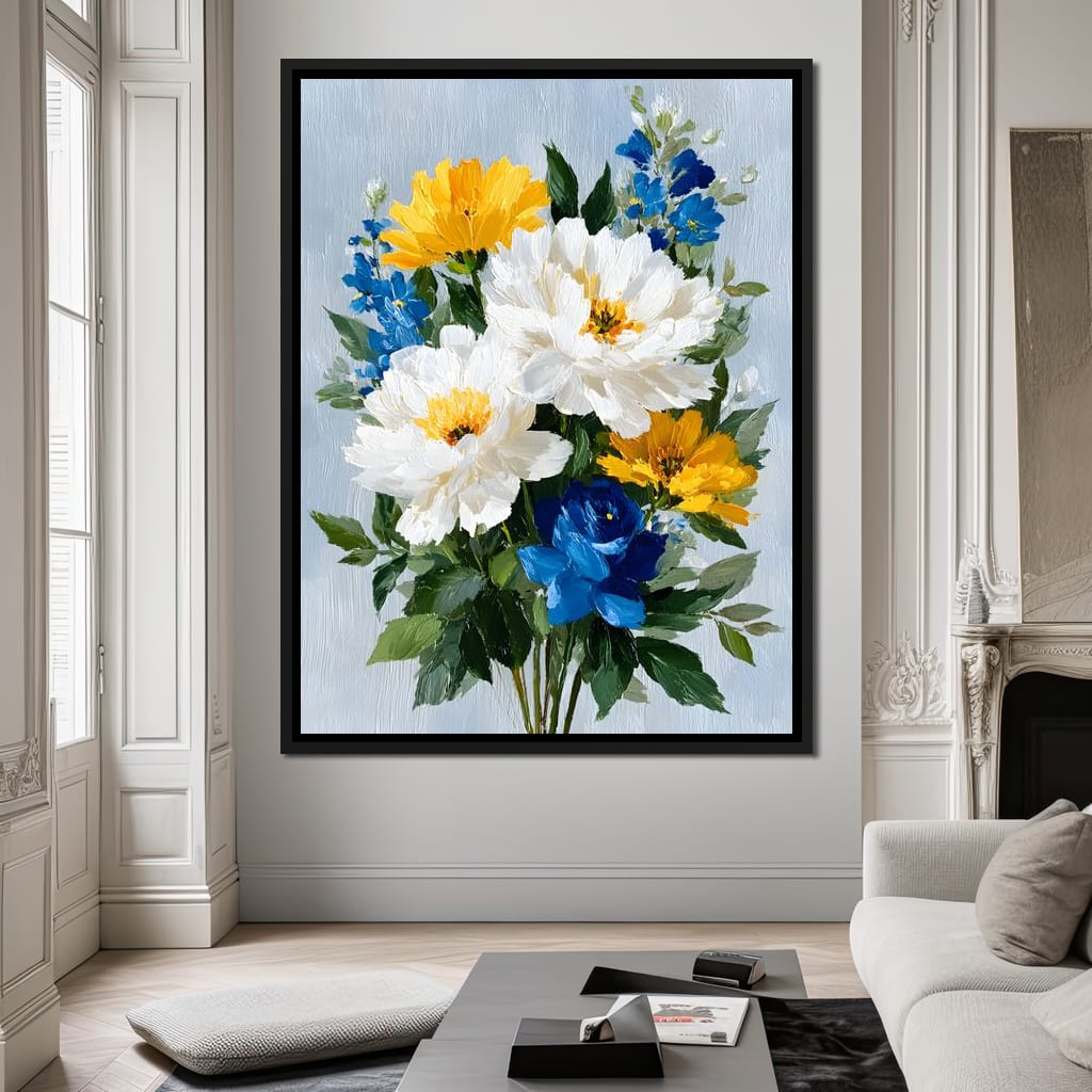 Golden White Blue Garden Posey Canvas Wall Art