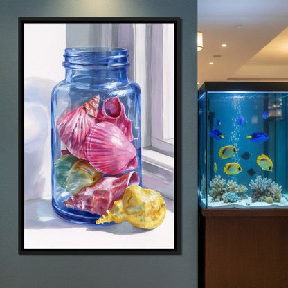 Seashells Jar Sunlit Window Canvas Wall Art