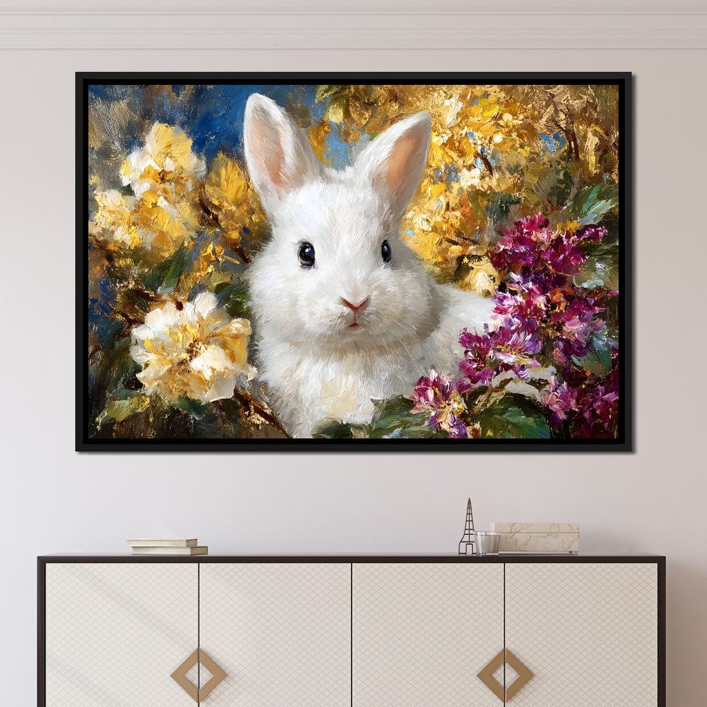 White Bunny Garden Bouquet Canvas Wall Art