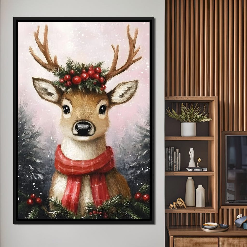 Holiday Reindeer Berries Cheer Canvas Wall Art