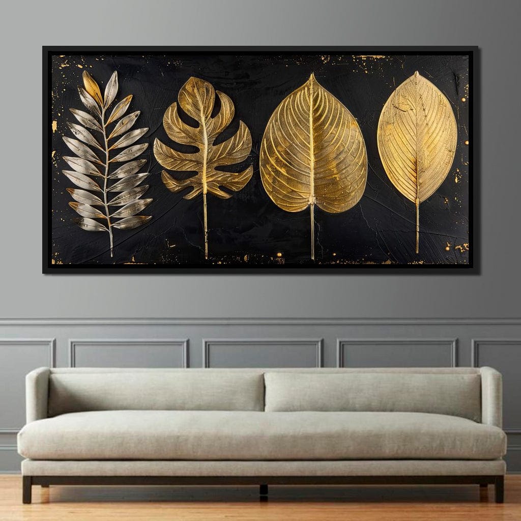 Golden Leaves on Black Background Canvas Wall Art