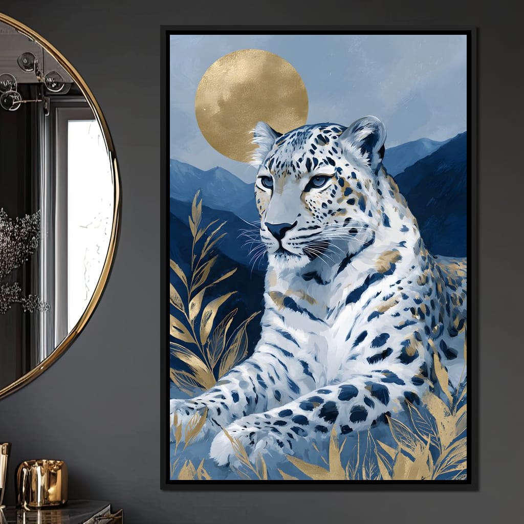 Golden Moon Snow Leopard Calm Canvas Wall Art