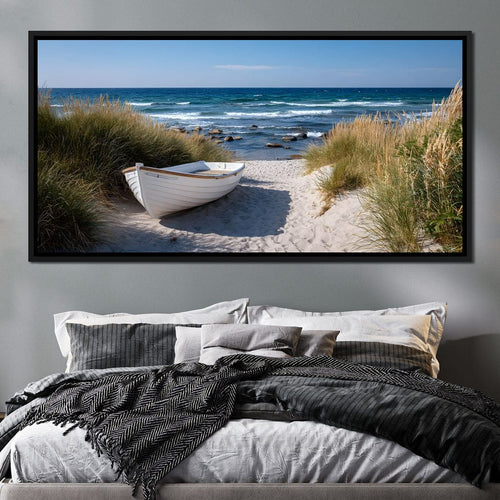 White Rowboat Coastal Dunes Canvas Wall Art