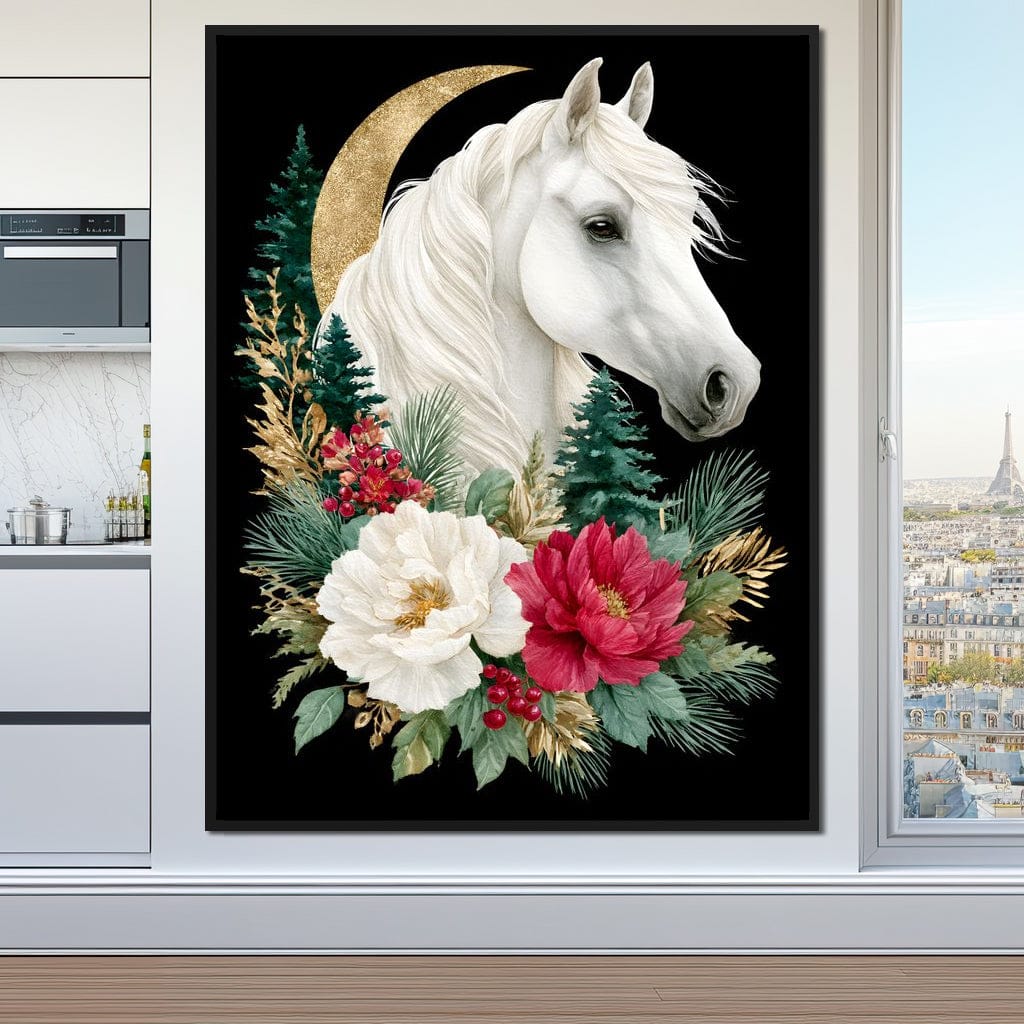 Moonlit Floral Gold White Horse Canvas Wall Art