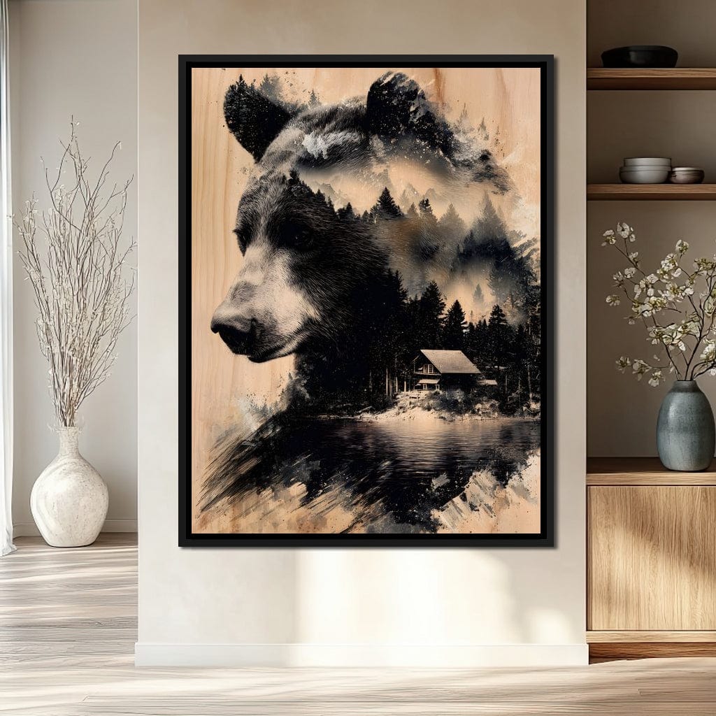 Bear Forest Cabin Reflections Canvas Wall Art