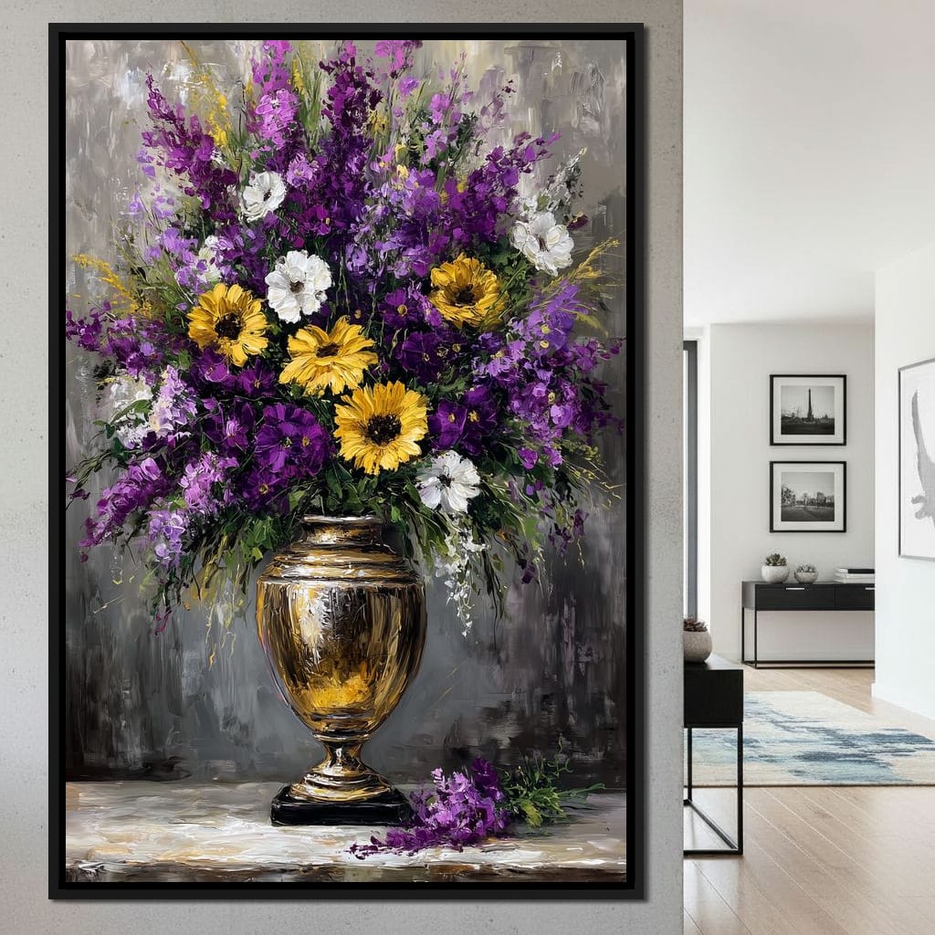 Golden Vase Violet Sunflowers Canvas Wall Art