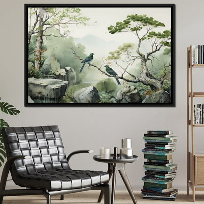 Misty Mountain Aviary Serene Canvas Wall Art