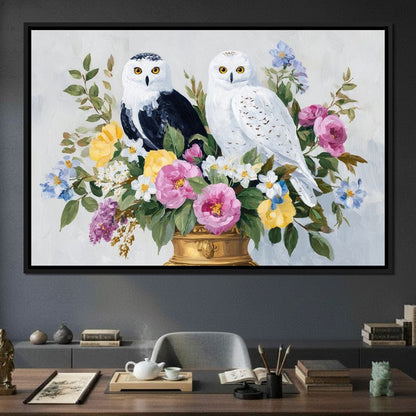 Snowy Owls Floral Canvas Wall Art