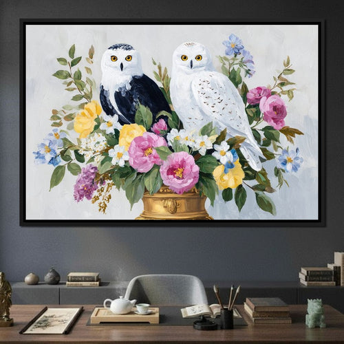 Snowy Owls Floral Canvas Wall Art