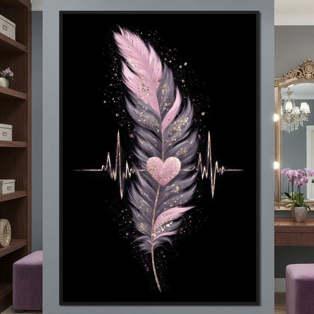 Feather Heartbeat Gold Pink Canvas Wall Art