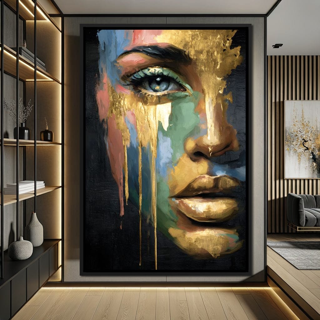 Radiant Gold Drip Face Painting Canvas Wall Art