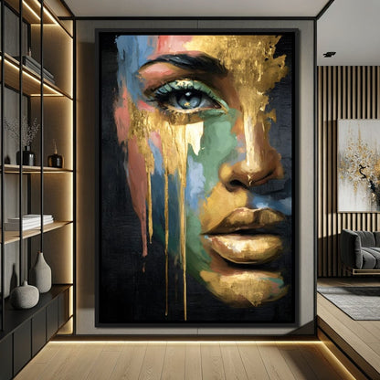 Radiant Gold Drip Face Painting Canvas Wall Art