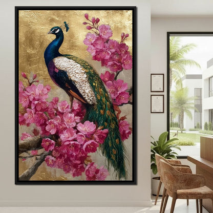 Golden Peacock Cherry Blossom Canvas Wall Art