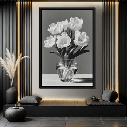 Monochrome Tulips Glass Vase Canvas Wall Art