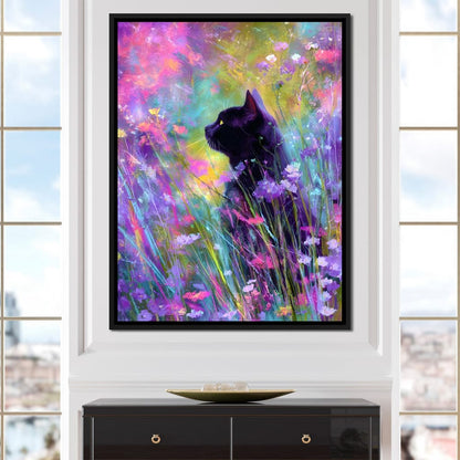 Midnight Feline Among Wildflowers Canvas Wall Art