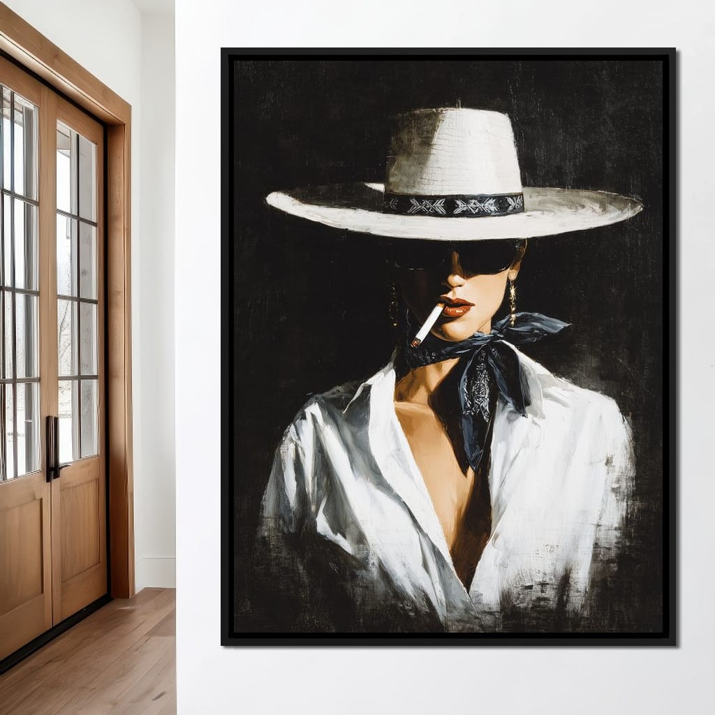 Noir Cowgirl Smoking Portrait Canvas Wall Art