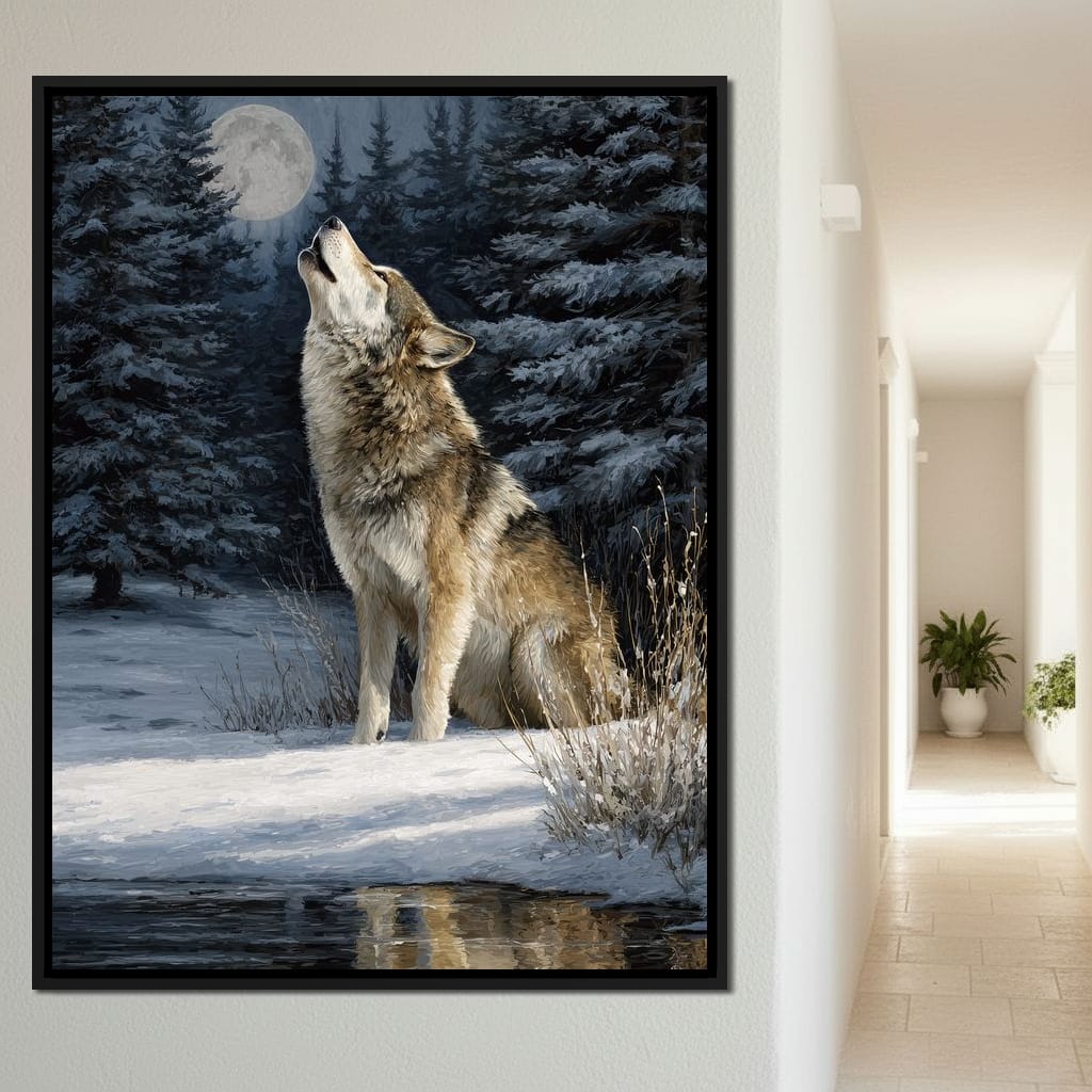 Moonlit Wolf Winter Howl Night Canvas Wall Art