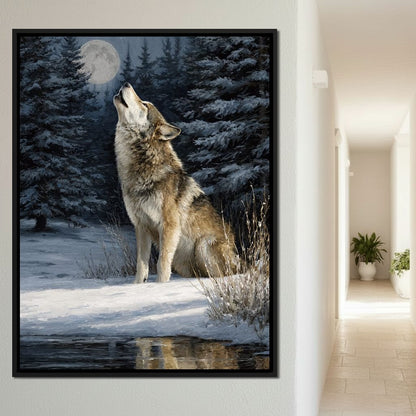 Moonlit Wolf Winter Howl Night Canvas Wall Art