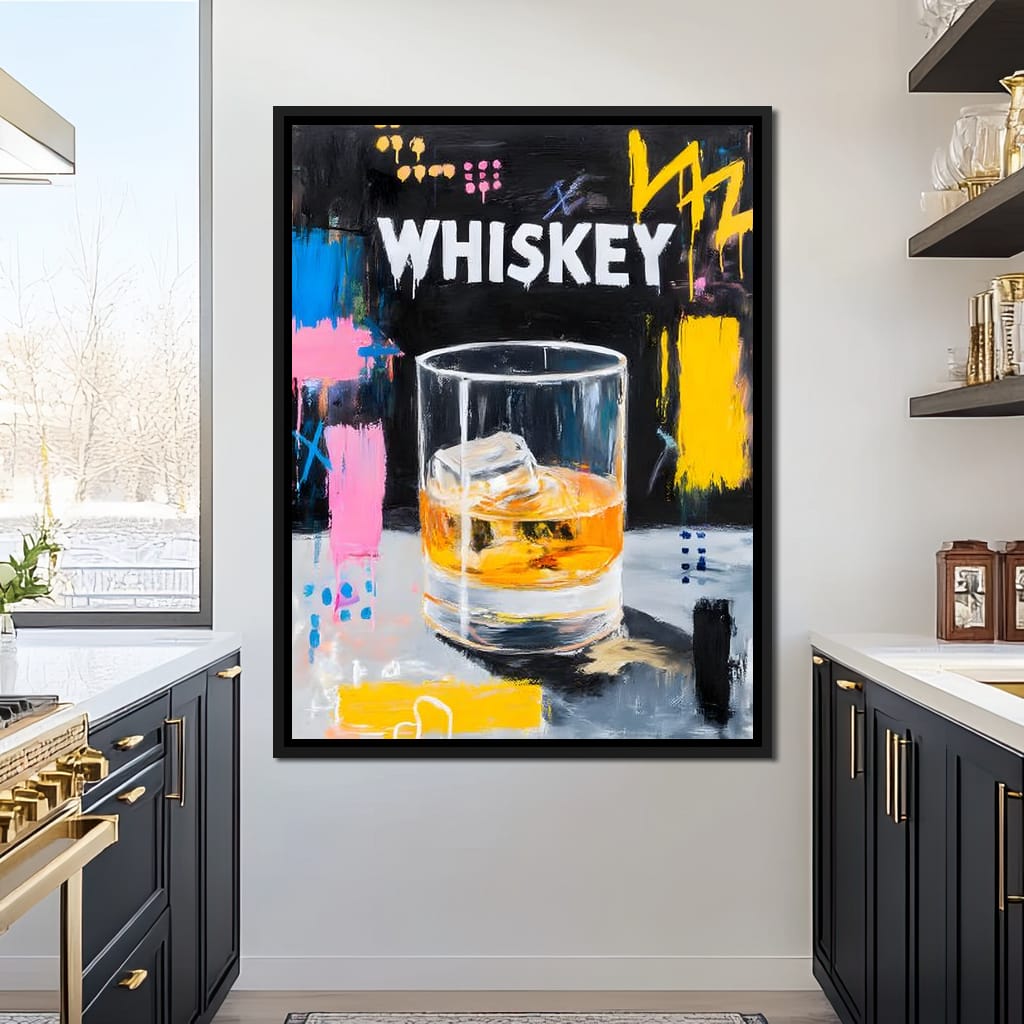 Neon Whiskey On The Rocks Canvas Wall Art