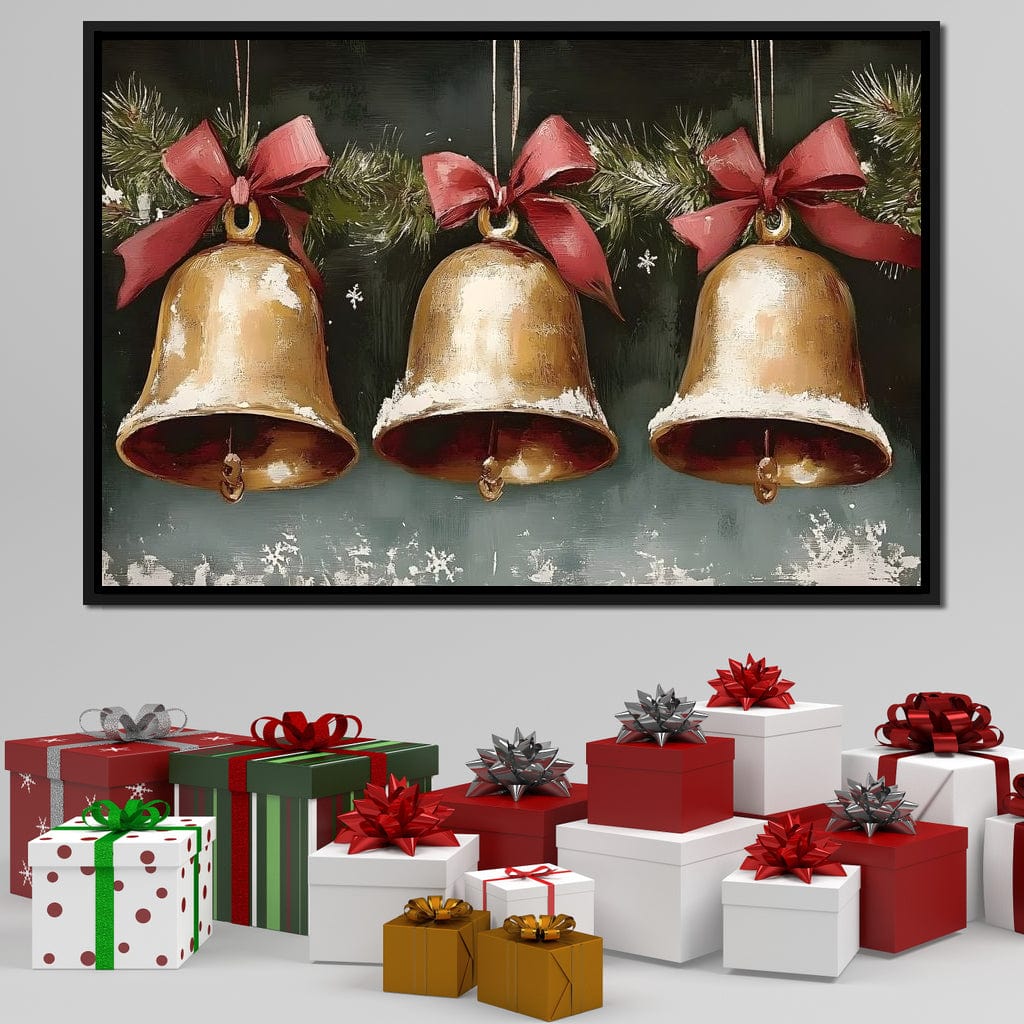 Snow Kissed Golden Holiday Bells Canvas Wall Art