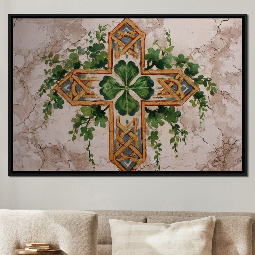 Celtic Cross Clover Wreath Canvas Wall Art
