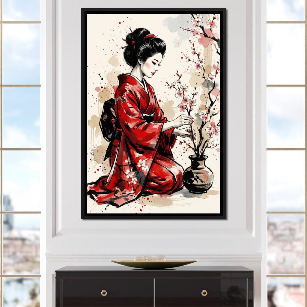 Japanese Woman with Cherry Blossoms Canvas Wall Art