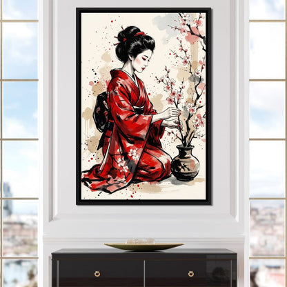 Japanese Woman with Cherry Blossoms Canvas Wall Art