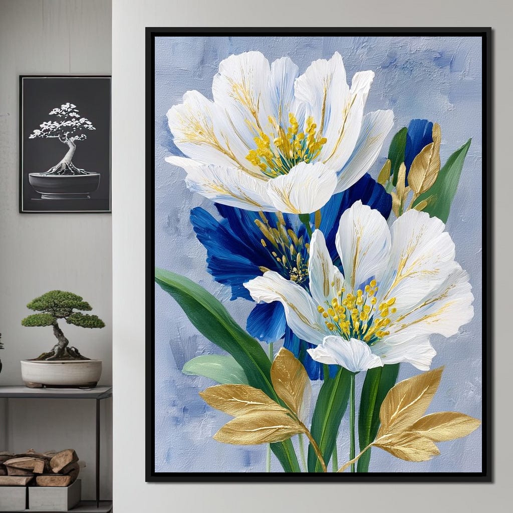 White Peony Blue Petals Gold Canvas Wall Art