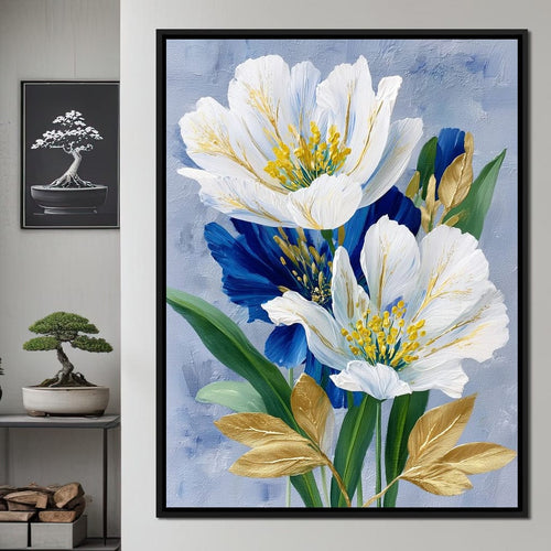 White Peony Blue Petals Gold Canvas Wall Art
