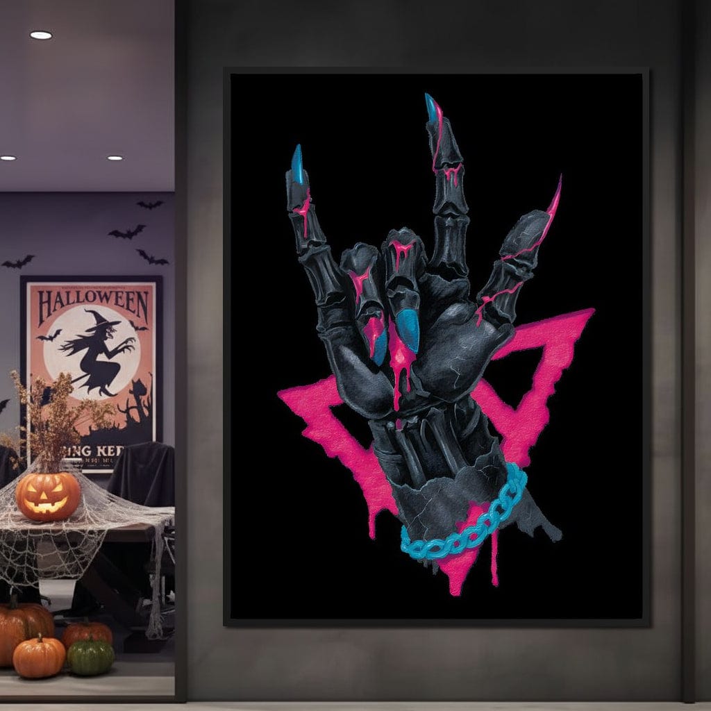 Neon Skeleton Rock Hand Sign Canvas Wall Art