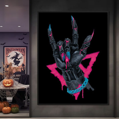 Neon Skeleton Rock Hand Sign Canvas Wall Art