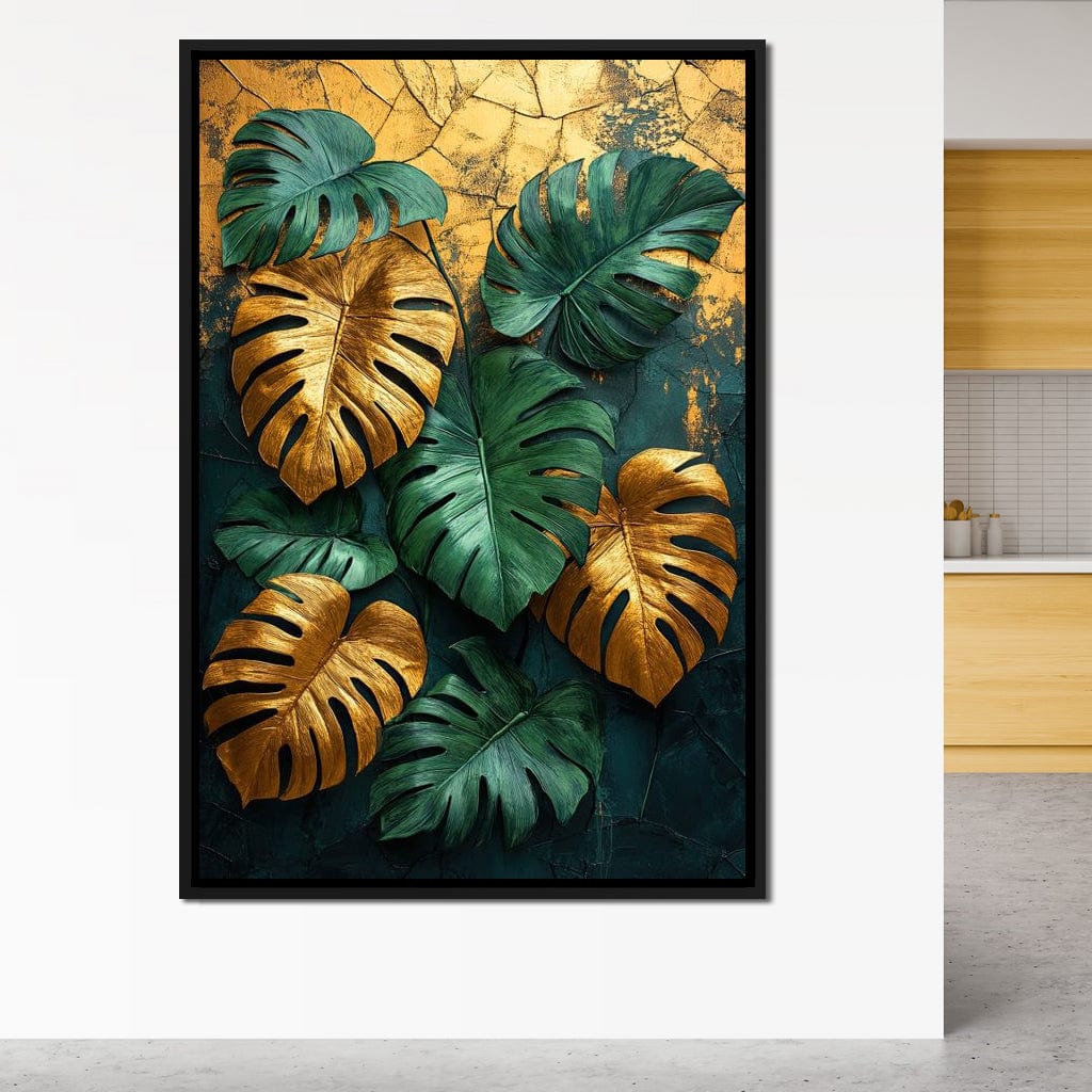 Golden Monstera Leaves Canvas Wall Art