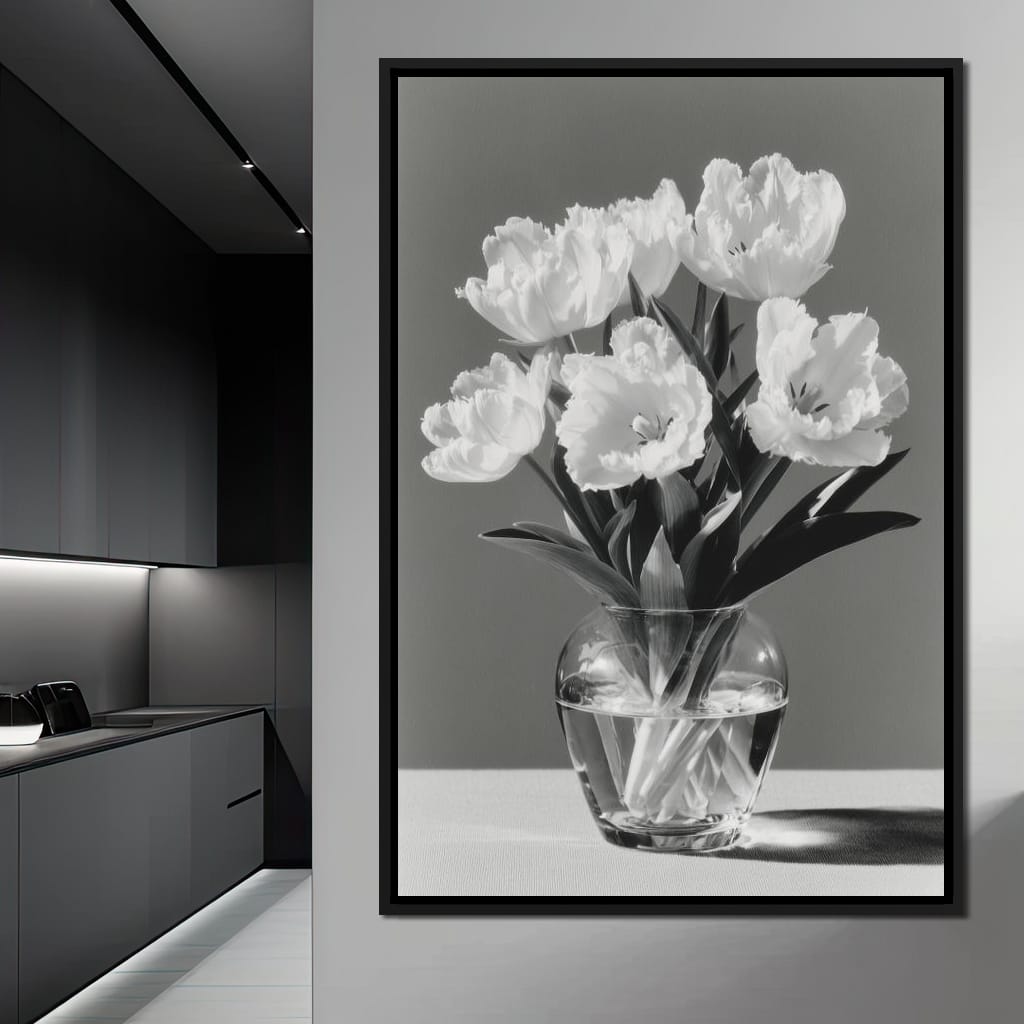 Monochrome Tulips Glass Vase Canvas Wall Art