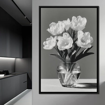 Monochrome Tulips Glass Vase Canvas Wall Art