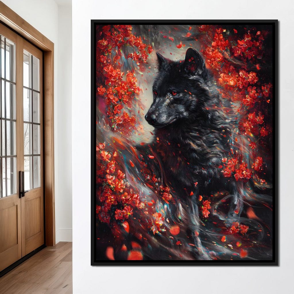 Black Wolf Rose Petal Storm Canvas Wall Art