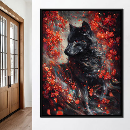 Black Wolf Rose Petal Storm Canvas Wall Art