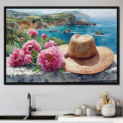 Seaside Blooms and Straw Hat Canvas Wall Art