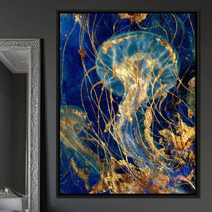 Golden Jellyfish Deep Blue Sea Canvas Wall Art