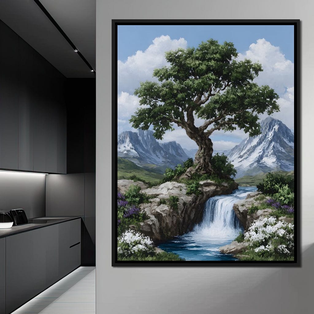 Majestic Tree Mountain Falls Canvas Wall Art