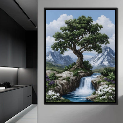 Majestic Tree Mountain Falls Canvas Wall Art