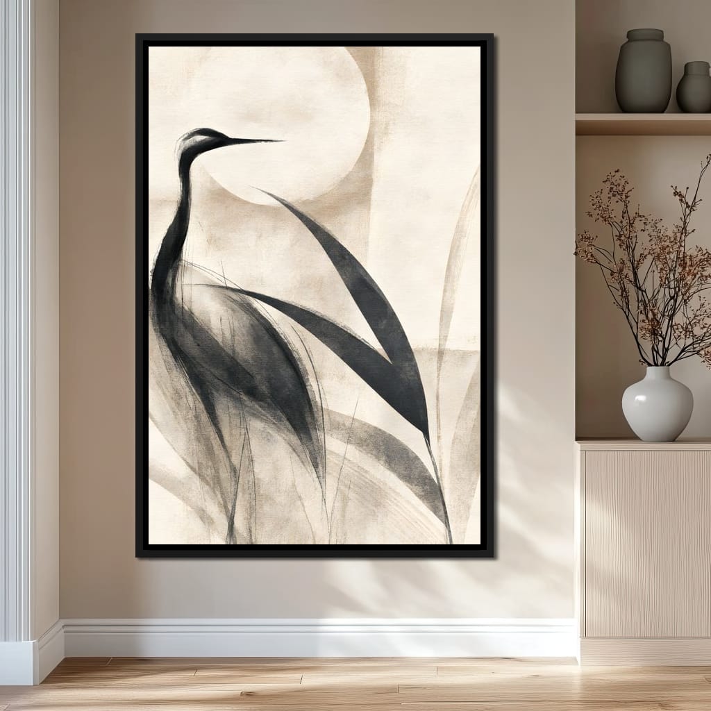 Lone Crane Watching The Pale Disc Canvas Wall Art