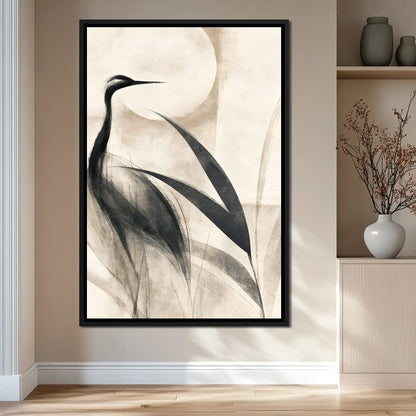 Lone Crane Watching The Pale Disc Canvas Wall Art
