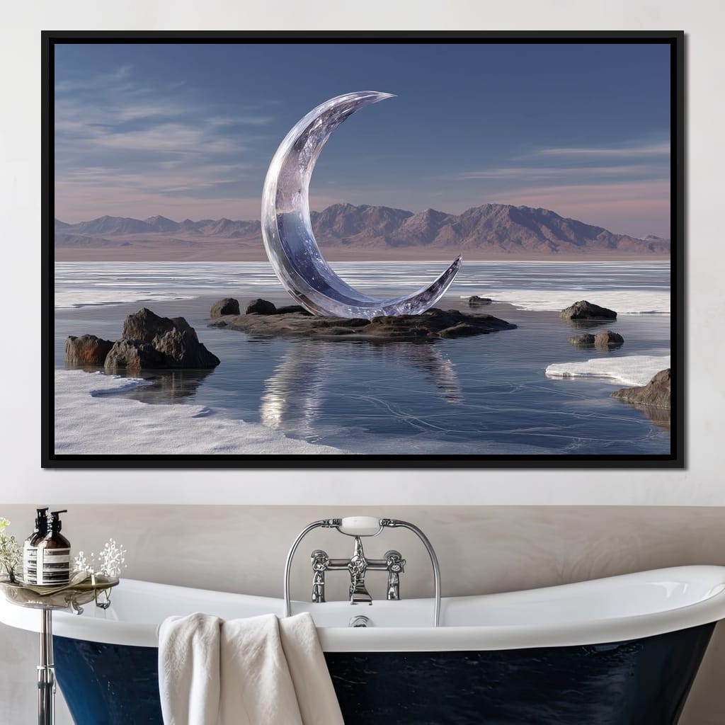 Silver Crescent Over Salt Flats Canvas Wall Art