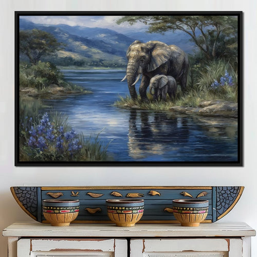 Elephant Family Riverbank Dream Canvas Wall Art